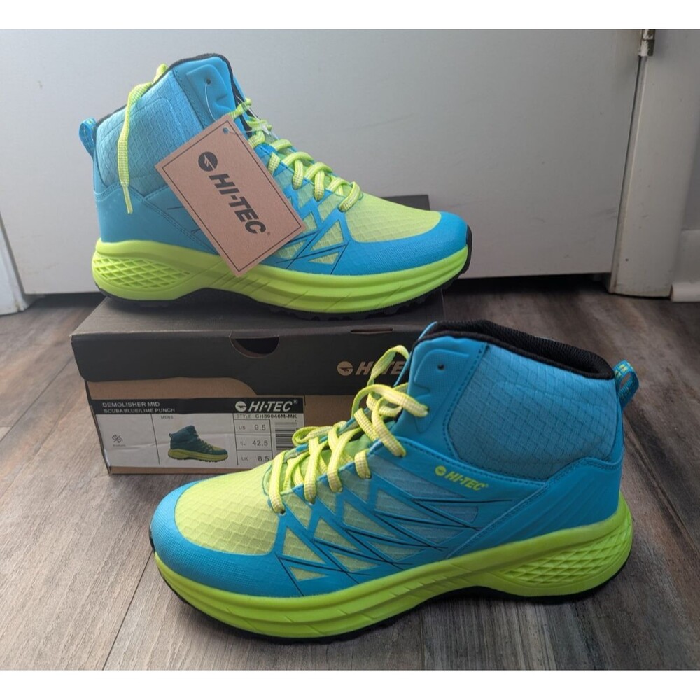NIB HI-TECH Demolisher Mid Scuba Blue/Lime Punch Men's 9.5 Hiking Trail Shoe Boo